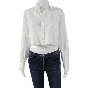 Riley Women White Cropped Button-Up Collared Long Sleeve Cotton Top Size One